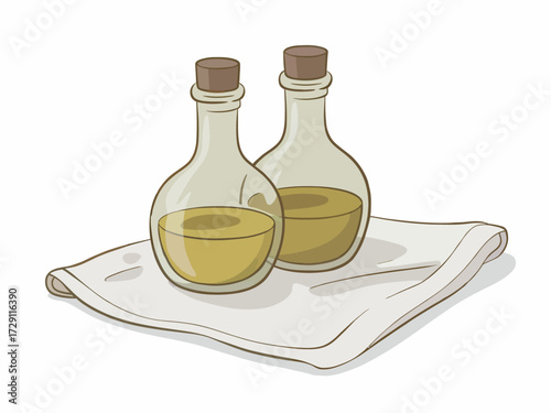 Two Bottles of Golden Oil on a White Cloth Illustration for Wellness Spa and Natural Therapy Concepts