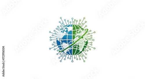 Global connectivity network depicts worldwide integration, interconnected globe tech symbol