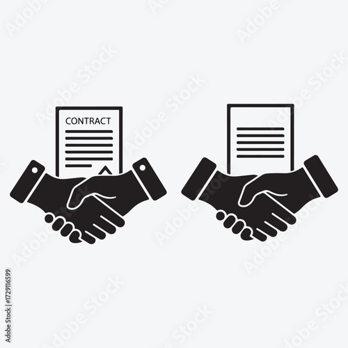 Silhouette art vector design vector art of two black icons of shaking hands with contract document