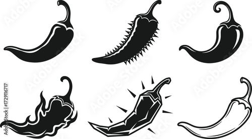 Set of chili pepper vector silhouettes and illustrations including spicy hot designs, fiery styles, abstract peppers, and creative food icons.