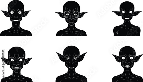 Set of creepy goblin vector faces featuring scary expressions, pointed ears, horror eyes, monstrous features, dark fantasy, and Halloween creatures.