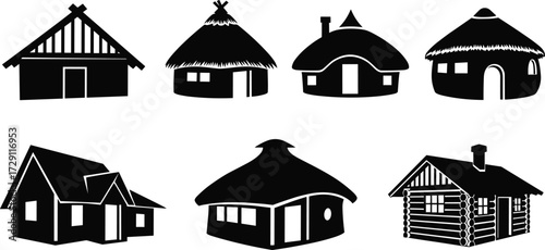 Set of traditional rural house silhouettes including tribal huts, cottages, log cabins, thatched roof homes, and simple village dwellings.