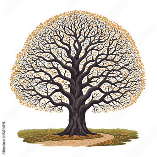 An ancient majestic tree with intricate branches and golden leaves.