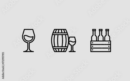 Three vector line art icons depicting wine glass barrel and bottles in scalable eps format silhouette vector illustration white background