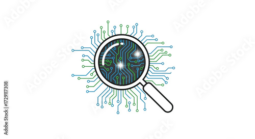 Digital forensic analysis represented by magnifying glass over circuit board design