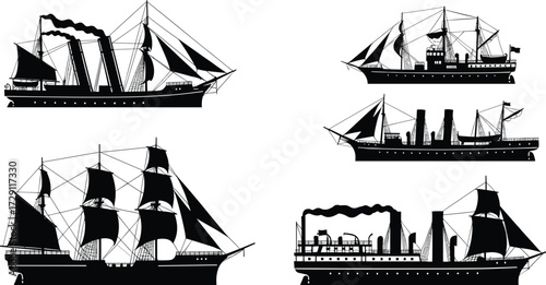 Silhouettes of steamships and hybrid sailing vessels with smokestacks and rigging, representing 19th to early 20th century maritime transport.