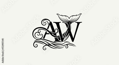 Elegant monogram combining letters A and W with stylized waves and a whale tail detail