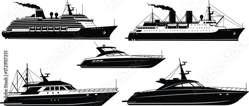 Silhouettes of modern yachts and passenger ships, including cruise liners and ocean steamships, representing luxury, transport, and maritime evolution.