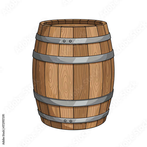 A wooden barrel with metal hoops stands upright on a white background.