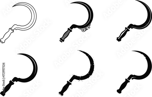 Traditional farming sickle tool vector illustration set with rustic designs, agriculture equipment, vintage harvest blade, farming hand tool concept.