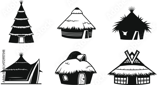 Traditional tribal hut silhouette vector illustration set with ethnic houses, thatched roofs, rural village architecture, cultural homes, isolated design collection.