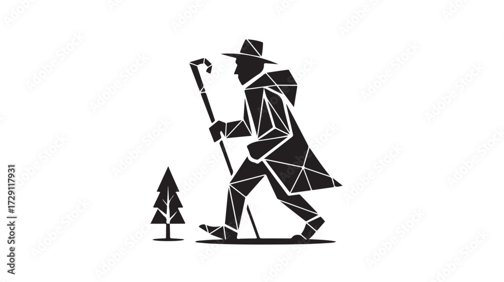 Obraz premium Adventurous traveler with a walking stick explores nature, embracing the journey with a modern geometric style and a silhouette of a lone pine tree