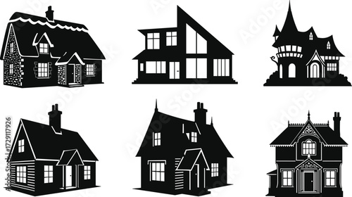 Vector set of detailed house silhouettes, including vintage cottages, modern homes, fairytale houses, ideal for real estate and design.