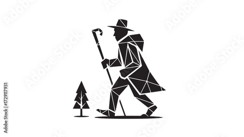 Adventurous traveler with a walking stick explores nature, embracing the journey with a modern geometric style and a silhouette of a lone pine tree