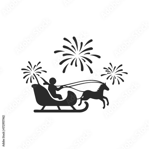 Silhouette of person in sleigh with horse and fireworks on white background