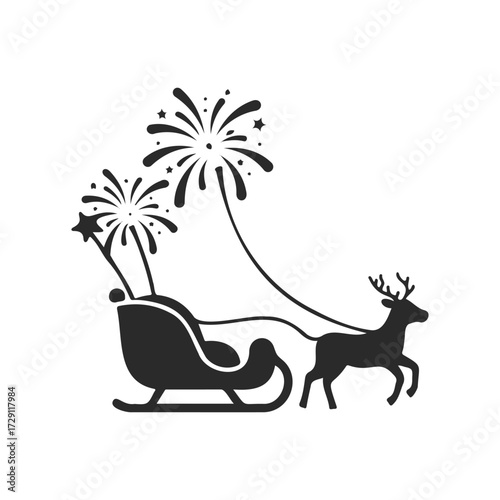 Festive reindeer sleigh with fireworks silhouette on white background