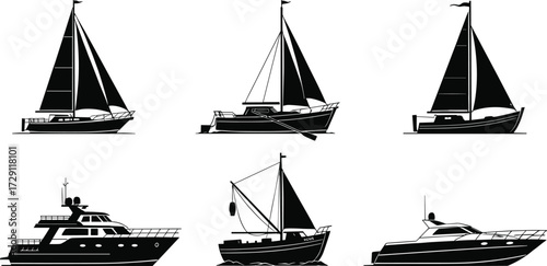 Yacht and sailboat silhouettes, motorboat icons, sailing vessels, luxury marine transport, fishing boats and ships in black and white.