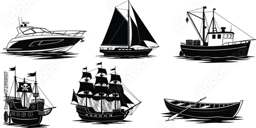 Yacht, sailboat, fishing trawler, pirate ship, galleon, and rowing boat silhouettes for nautical, marine, and travel design.