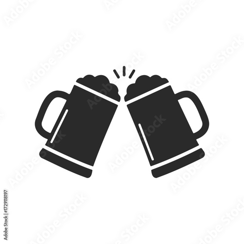 Black and white icon of two clinking beer mugs with foam overflowing