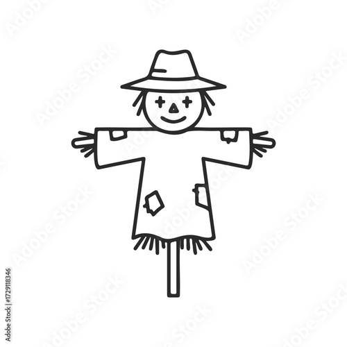 Simple black and white scarecrow drawing with hat and patches