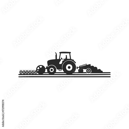 Silhouette of tractor harvesting in field with farmer and trailer