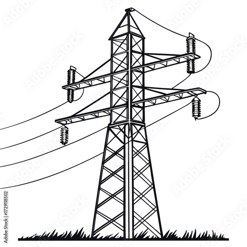A stark black and white illustration of a high voltage electricity pylon standing tall against a white background