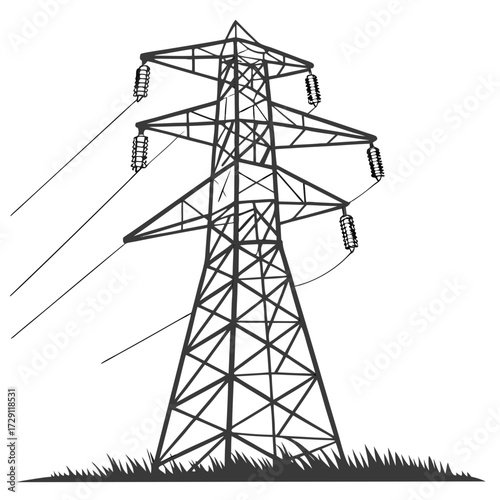 A stark black and white illustration of a tall electricity pylon standing in silhouette against a white background with grass at its base
