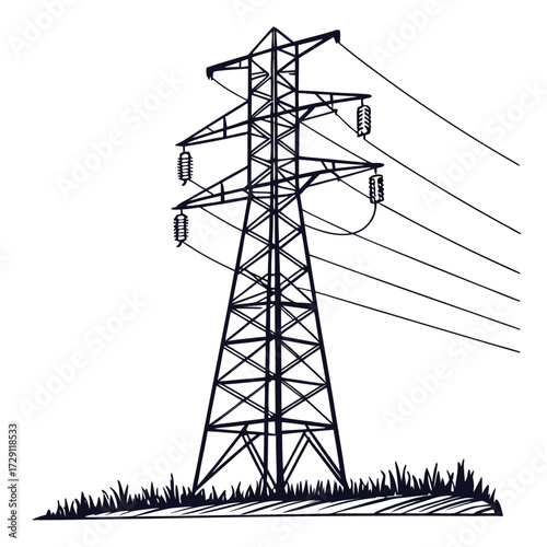 A stark black and white illustration of a tall electricity pylon standing in a field of grass