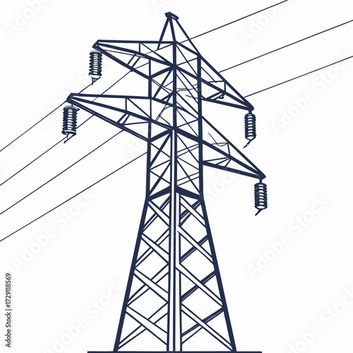A stylized illustration of a tall electricity pylon with power lines against a white background