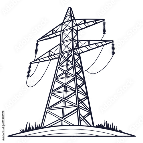 A stylized line drawing of a tall electricity pylon with power lines against a white background