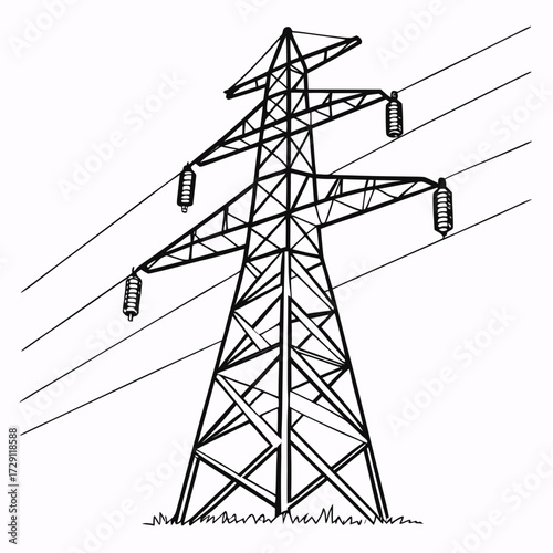Black and white illustration of a tall electricity pylon supporting power lines against a white background