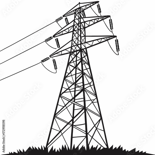 Black and white illustration of a tall electricity pylon with power lines against a white background