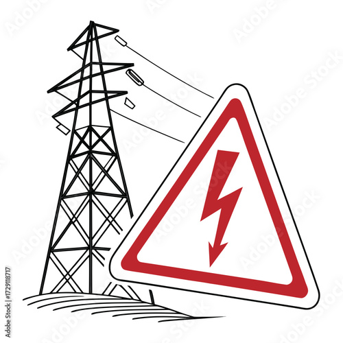 Electrical hazard warning sign with lightning bolt symbol and high voltage power line tower
