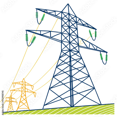 Illustration of a large blue power pylon with yellow transmission lines and smaller orange pylons in the background on a white background with green ground