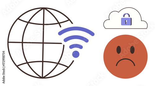 Globe with wireless signal, sad face, and cloud with lock symbolizing internet access challenges, security concerns, and digital connectivity. Ideal for technology, cybersecurity, communication