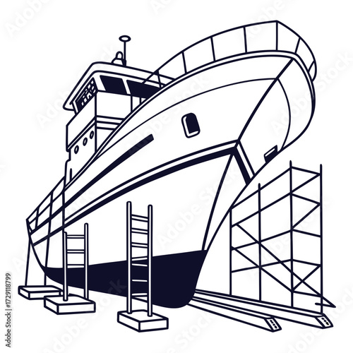 Illustration of a large ship in dry dock with scaffolding and ladders for maintenance and repair