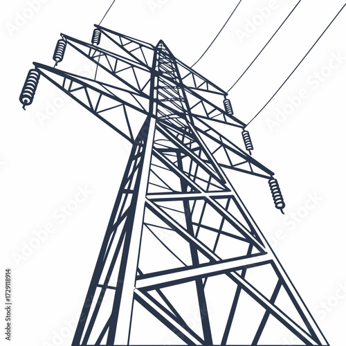 Low angle view of a dark blue steel electricity pylon with power lines against a white background