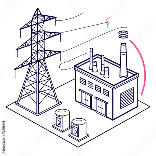 Isometric illustration of an industrial power plant connected to a high voltage transmission tower and electrical substations