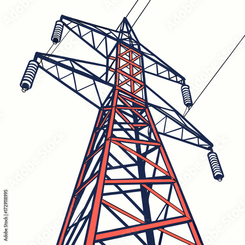 Modern illustration of a tall electricity pylon with red and blue geometric lines against a white background
