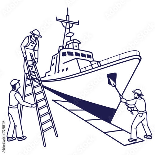 Shipyard workers in uniform perform maintenance and cleaning on a large vessel using ladders and tools
