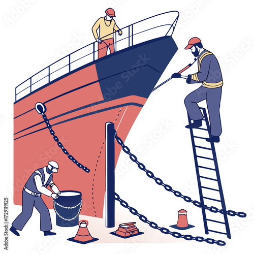 Shipyard workers performing maintenance and repairs on a large vessel in a dry dock