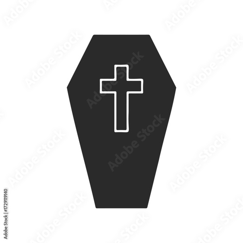 Black coffin with white cross silhouette on white background