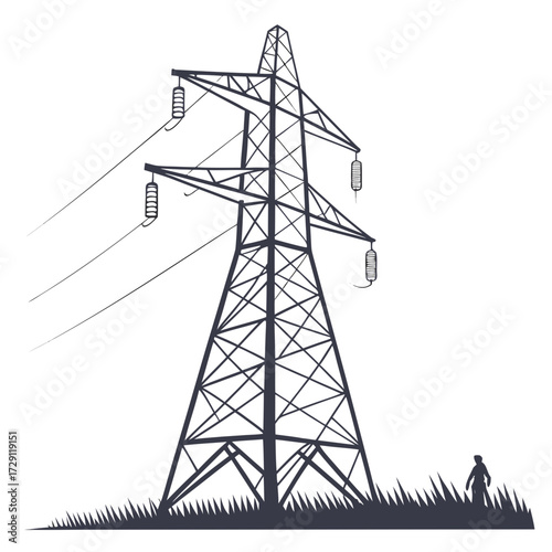 Silhouette of a large electricity pylon standing tall in a grassy field with a distant human figure