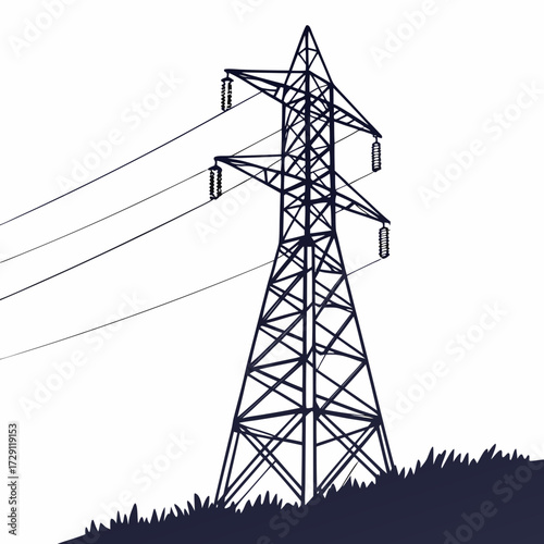 Silhouette of a tall electricity pylon with power lines against a white background and grassy foreground