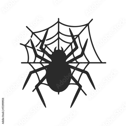 Silhouette of spider on web against white background