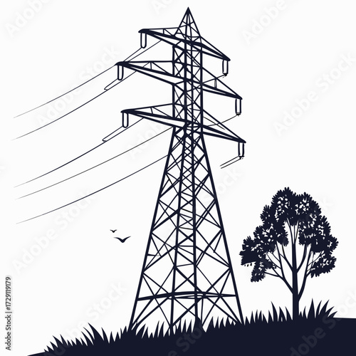 Silhouette of a tall power transmission tower with wires against a white background and a tree