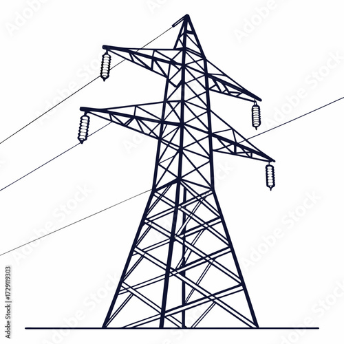 Striking minimalist line art illustration of a high voltage electricity pylon against a clean white background