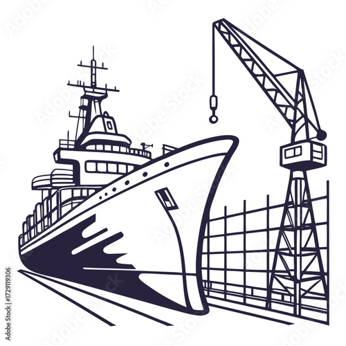 Stylized illustration of a large cargo ship docked at a shipyard with a towering crane overhead