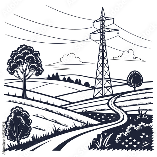 Stylized illustration of a rural landscape with a power line tower trees fields and a winding road under a cloudy sky