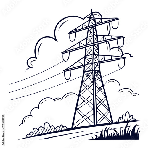 Stylized illustration of a tall electricity pylon with power lines against a cloudy sky and landscape